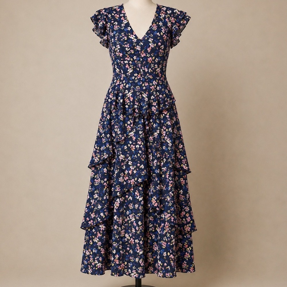 Rachel Rachel Roy Floral Midi Dress 0 Navy Blue Ruffle Tiered Flutter Sleeve